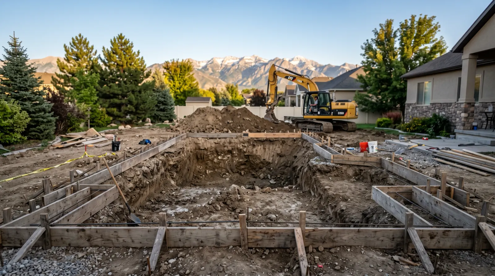 Excavator digging a new pool in a Utah backyard with mountains behind