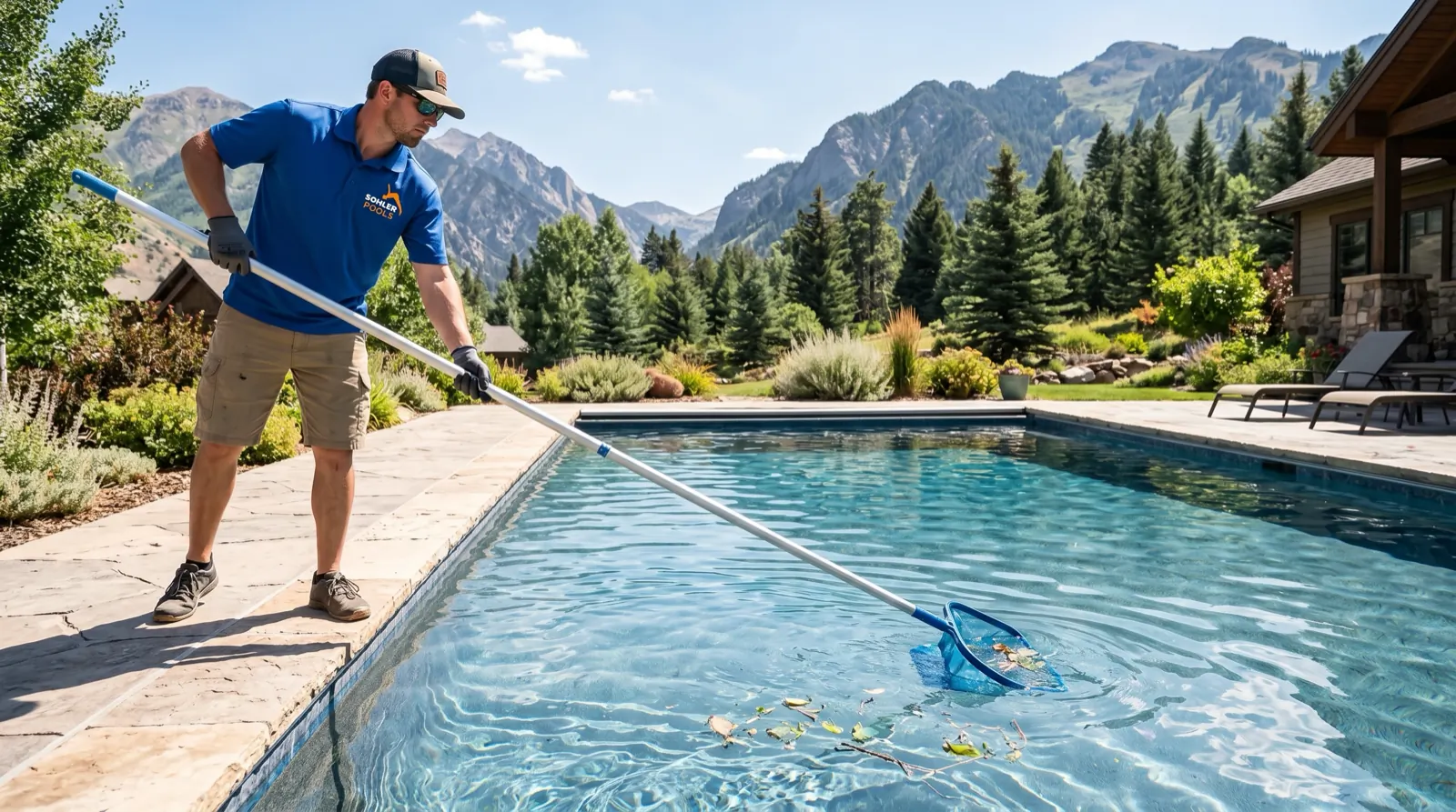 Sohler technician skimming leaves from a pool with mountains behind