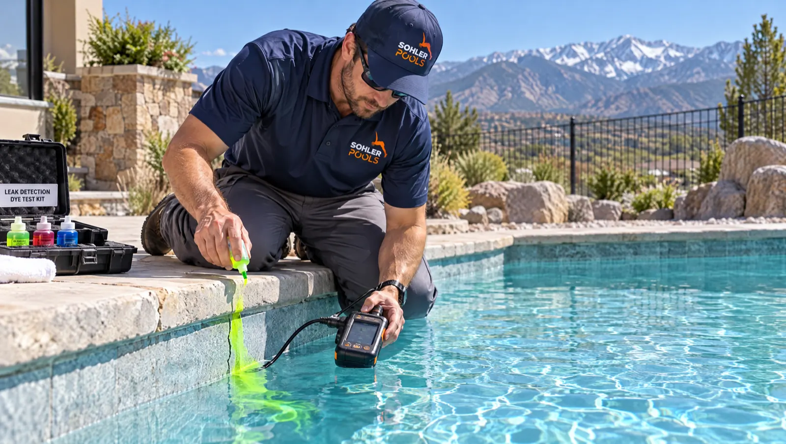 Sohler technician running a dye test for a pool leak